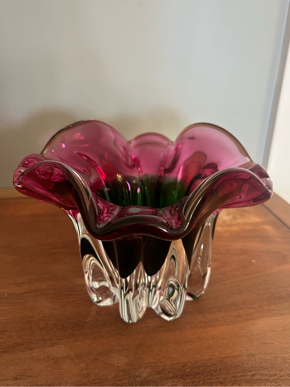 Murano Glass Vase Bowl in Green and Cranberry